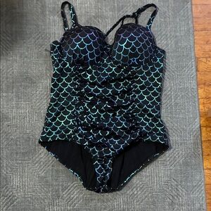 Torrid Black and Blue Mermaid Scale One Piece Swimsuit